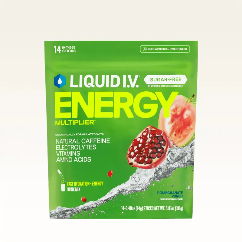 Liquid I.V. Sugar-Free Energy Multiplier - Pomegranate Punch - Hydration Powder Packets | Electrolyte Powder Drink Mix | Convenient Single-Serving Sticks | Includes Natural Caffeine | 1 Pack (14 Servings)