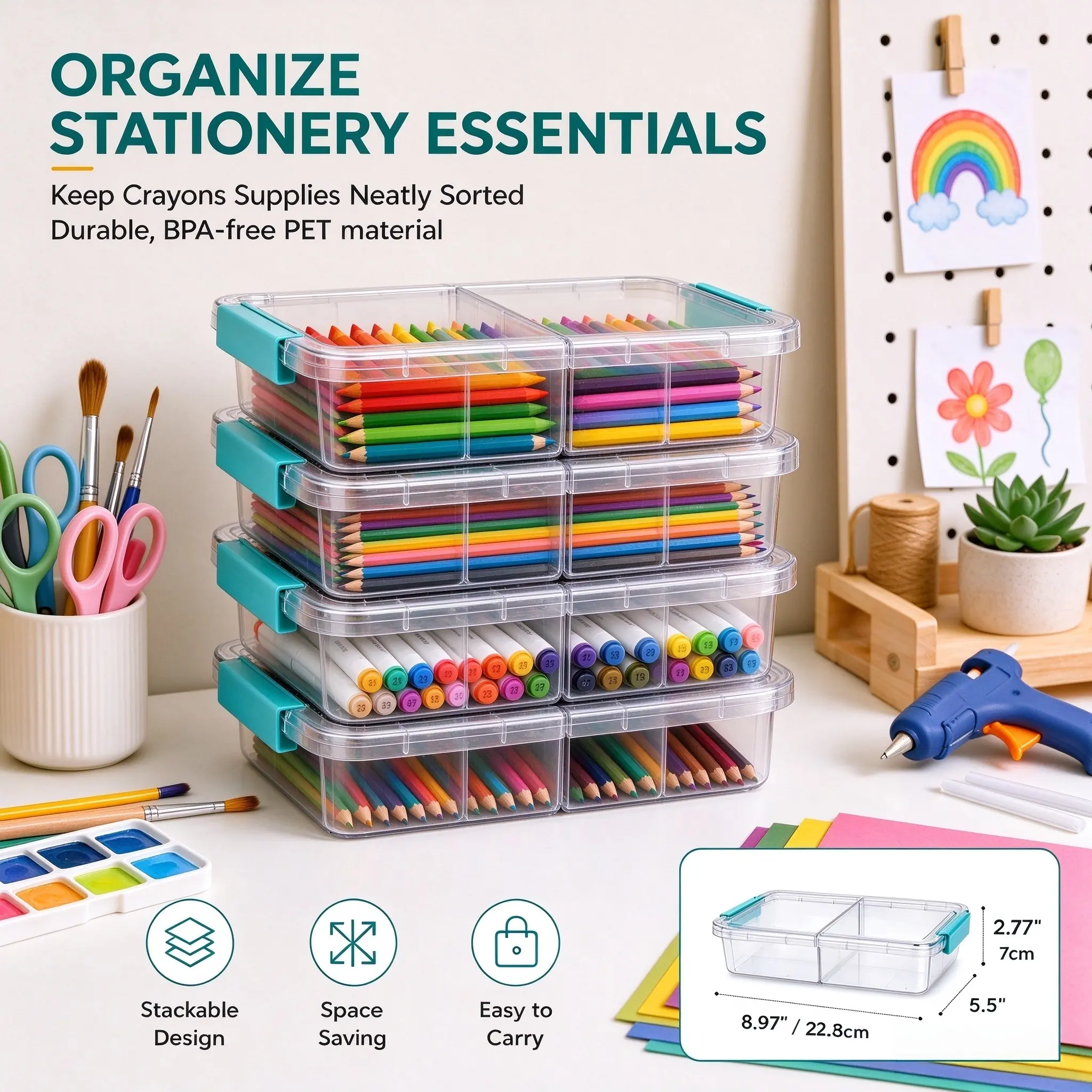 【Pencil Station】Vtopmart 4-12 Pack 1.5Qt Clear Pencil Box, Plastic Pencil Holder with Removable Divider for Pen Organizer, Small Stackable Containers with Lid for Pen, Art Craft, Sticker, Scrapbook & Office Supplies