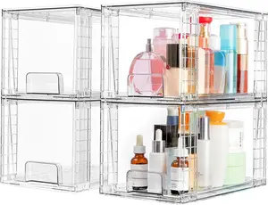 Vtopmart 4 Pack Large Stackable Storage Drawers,Easily Assemble Acrylic Bathroom Closet Undersink Organizers and Storage,Plastic Bins for Kitchen Cabinets,Pantry,Makeup,Medicine Organization