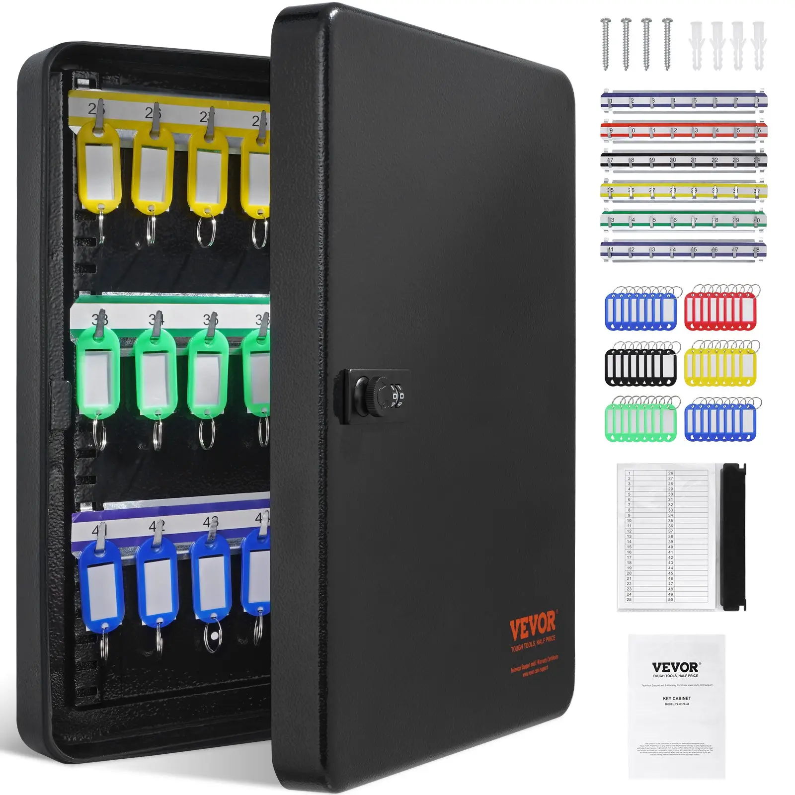 VEVOR 48-Key Cabinet, Key Safe with Combination Key Lock, Digital Security Storage Box Steel Key Organizer with Adjustable Racks, 48 pcs Colorful Key Tags and A Record Card for School, Office, Hotel