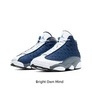 Navy Blue, White and Gray High-Top Retro Basketball Shoes with Mesh and Leather Upper, Gray Midsole