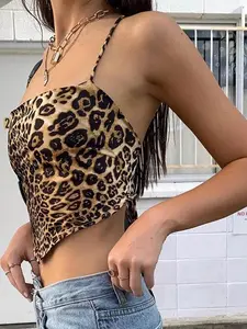 Leopard Pattern Women Tank Tops Backless Sexy Rave Outfits Sleeveless Cross Lace up Bralette Crop Top Summer Streetwear Dozw