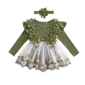 Baby Girl Romper Dress Embroidery Lace Flowers Baby Dress Romper Fall Winter Festival Clothes with Headband