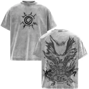 Naruto x Kurama Double-Sided Print Tee Vintage Acid Wash Heavyweight Cotton Oversized Unisex Anime Streetwear, Ninja Bond Graphic Top