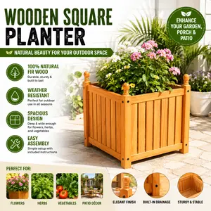 Wood Outdoor Square Wooden Flower and Herb Pot for Garden Porch Patio Outside Plant Vegetable Container Planter Box Teak Finish Weather Resistant Heavy Duty Raised Raised Window Deck Raised Raised Box