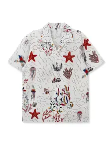 Printed Shirt, Ocean Coral Starfish Shell Pattern, Vacation Shirt, Casual Fashion, Artistic Style, Short Sleeve, Tropical Hawaiian Clothing