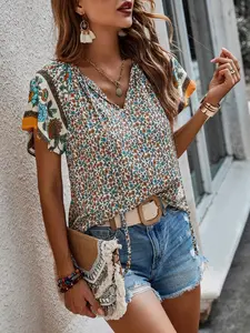 Boho Vintage Floral V-Neck Tie Short Sleeve Top, Loose Fit Slimming Printed T-Shirt, Ethnic Flower Patchwork, Casual All Seasons Wear