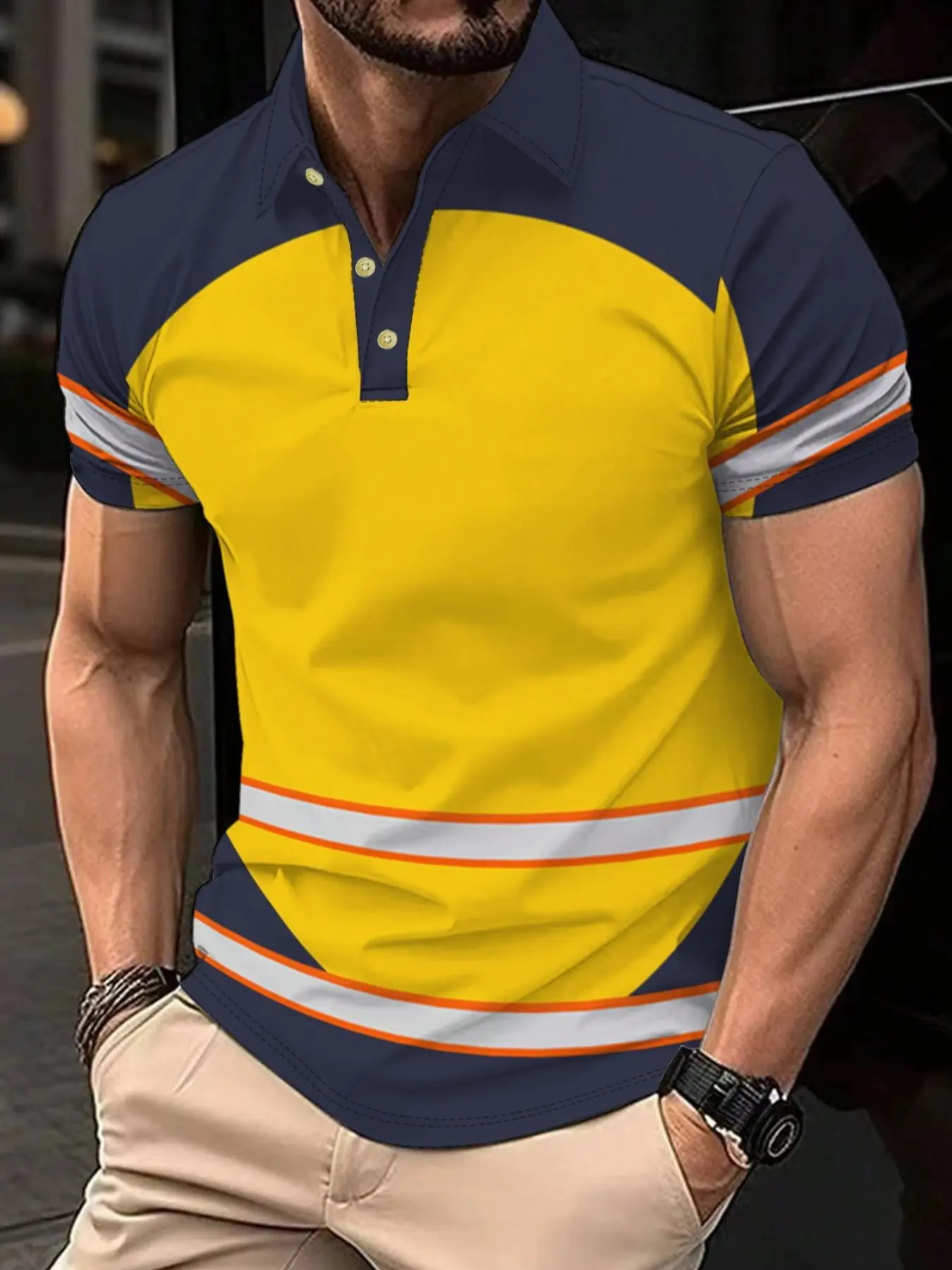 Construction site safety officer's professional uniform - full-body printed shirt for men, casual short-sleeved POLO-style top, suitable for daily casual work wear, made of lightweight and breathable polyester fabric, Work Shirts
