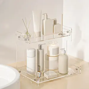 Bathroom Counter Organizer Countertop 2 Tier Storage Acrylic Corner Makeup Organizer for Perfume Stand, Vanity Holder, Dresser Tray, Spice Rack, Skincare, Coffee Bar, Room Decor (Clear)