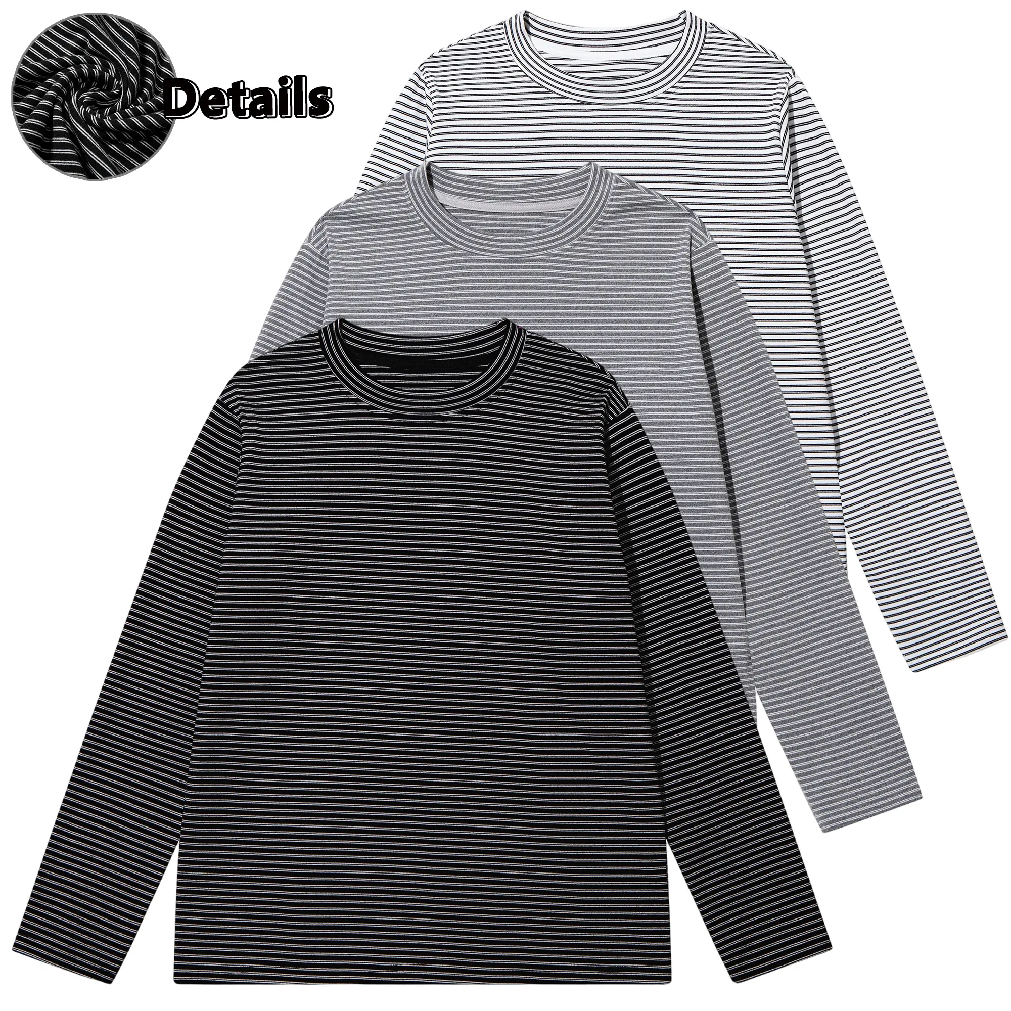 EKF Men’s Derun warm fabric long-sleeve crewneck base layer top with fine stripes, flat cuffs, breathable soft knit, slim basic fit