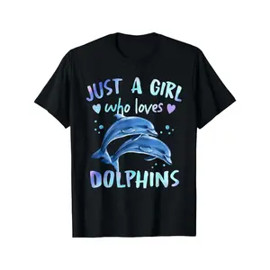 Just A Girl Who Loves Dolphins Graphic T-Shirt - Black Casual Loose Fit Tee with Vibrant Dolphin & Heart Print, Machine Washable Round Neck Top for Women, Casual Attire | Playful Design | Comfortable Fabric