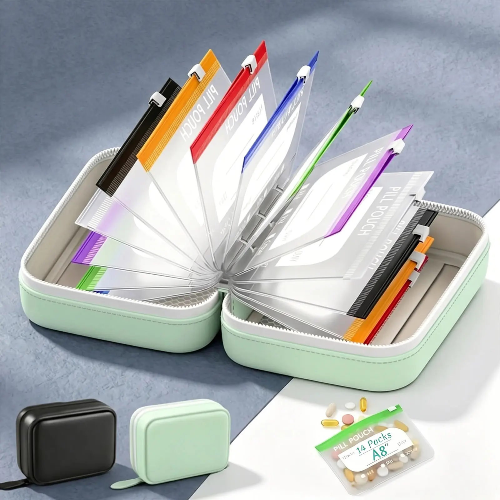 PU Leather Accordion Fold Pill Wallet - 14 Color-Coded Writeable Pouches, Transparent Waterproof Travel-Ready Medication Organizer Case with Zipper & Gift Tassel