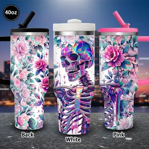 1 pc 40 oz iridescent floral skeleton tumbler with lid and straw, winter insulated travel mug, gift for women and men, ideal for Valentine’s Day, Easter, birthday gifts, iced/hot coffee cup