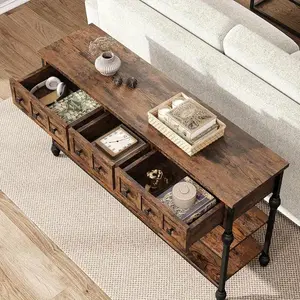 Industrial 3‑Tier Console Table with Drawers – Metal Frame, Open Storage & Rustic Finish