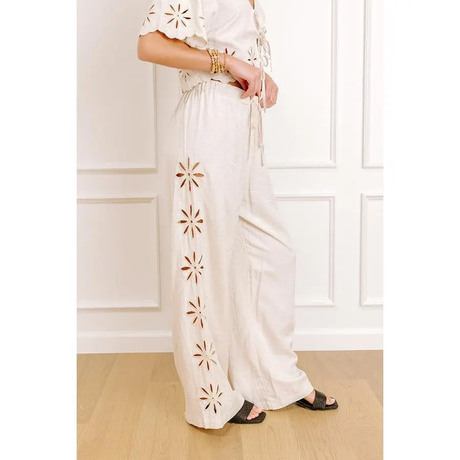 Sicily Stroll High Waist Linen-Blend Embroidered Pants in Oatmeal