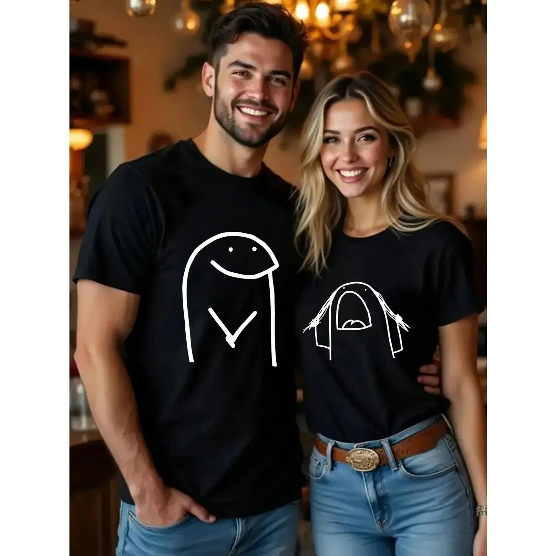 Couple's Playful Cartoon Print Matching T-Shirts, Casual Loose Fit Polyester Tee, Short Sleeve Round Neck for Him and Her