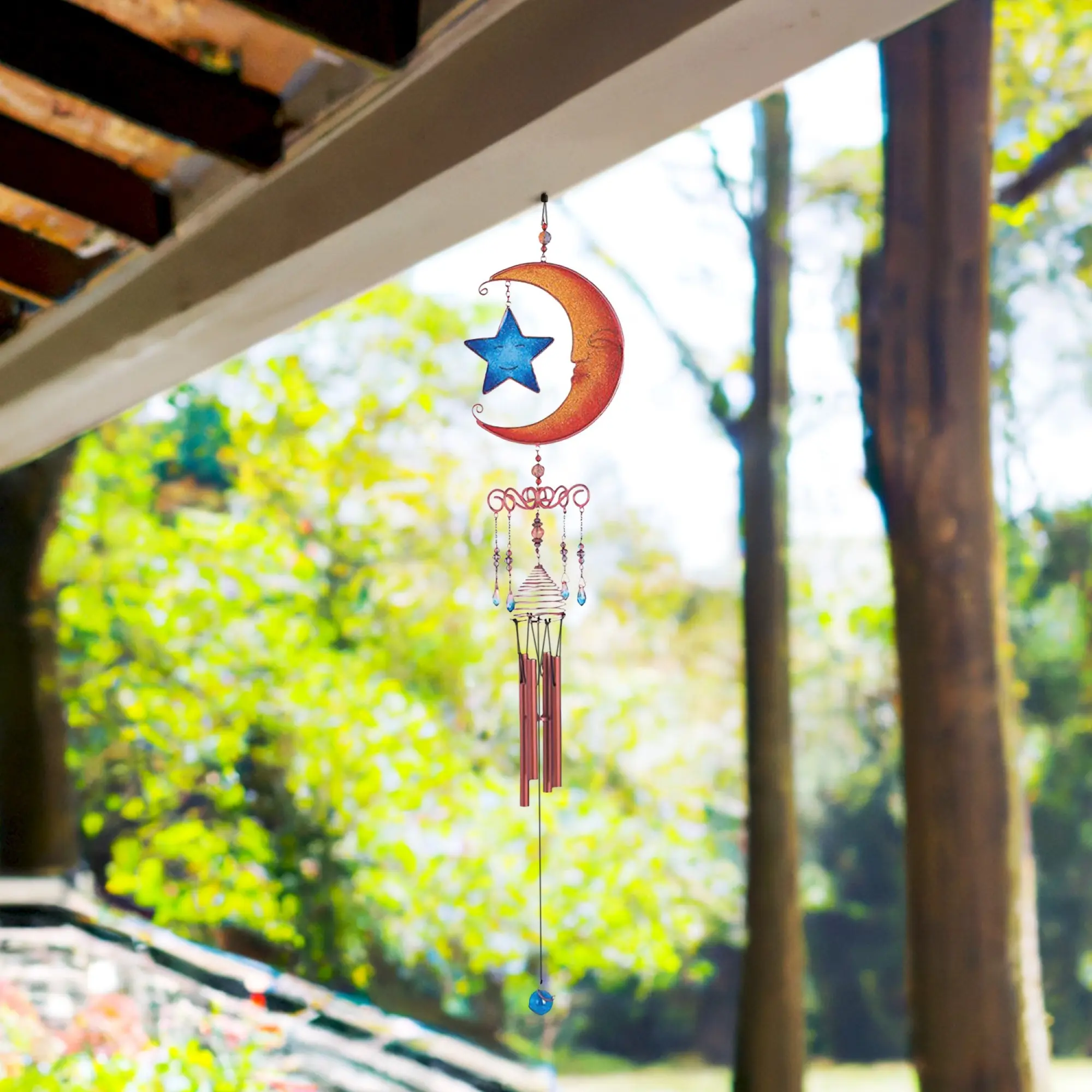23" Long Celestial Wind Chime Copper & Gem Moon Star Hanging Wind Chime