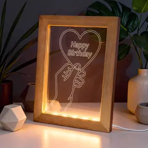 LIVEKEY LED Photo Frame Night Light - Wooden Frame with Happy Birthday Heart Card, Indoor Ambient Glow Lighting, Warm Bedroom Gift for Her