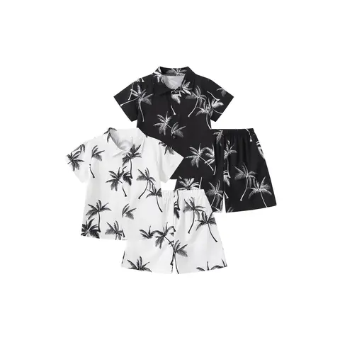 #SummerVibes 4-Piece Boys' Spring/Summer Set: Coconut Tree Print Short-Sleeve Shirt and Shorts-Boys' Beach Vacation-Style Summer Clothing, Breathable and Comfortable Children's Apparel Suitable for ages 4-10, Kids Clothing Boys, Four-Pieces Covers More Ou