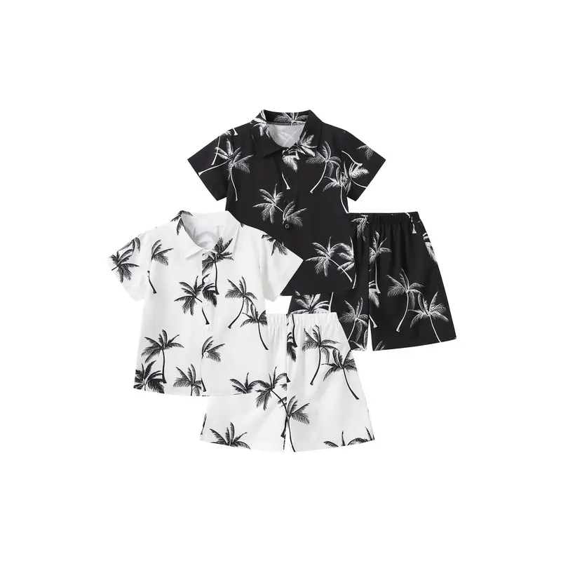#SummerVibes 4-Piece Boys' Spring/Summer Set: Coconut Tree Print Short-Sleeve Shirt and Shorts-Boys' Beach Vacation-Style Summer Clothing, Breathable and Comfortable Children's Apparel Suitable for ages 4-10, Kids Clothing Boys, Four-Pieces Covers More Ou
