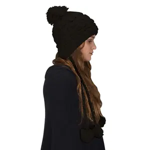 Trendy Knit Solid Colored Trapper Hat with Long Fringe Pom Poms