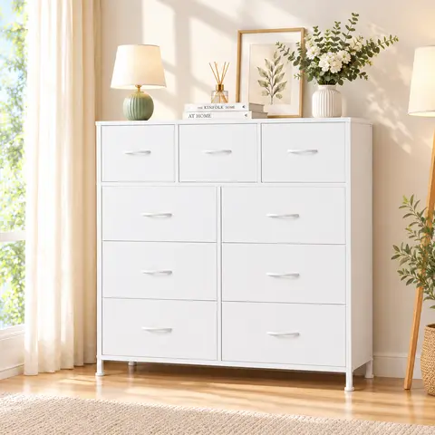 Sweetcrispy 9-Drawer Fabric Storage Tower - Steel Frame Chest of Drawers with Fabric Bins, Wood Top, for Bedroom Organization, Room Decor, Household Items, Apartment Stuff, Home Goods
