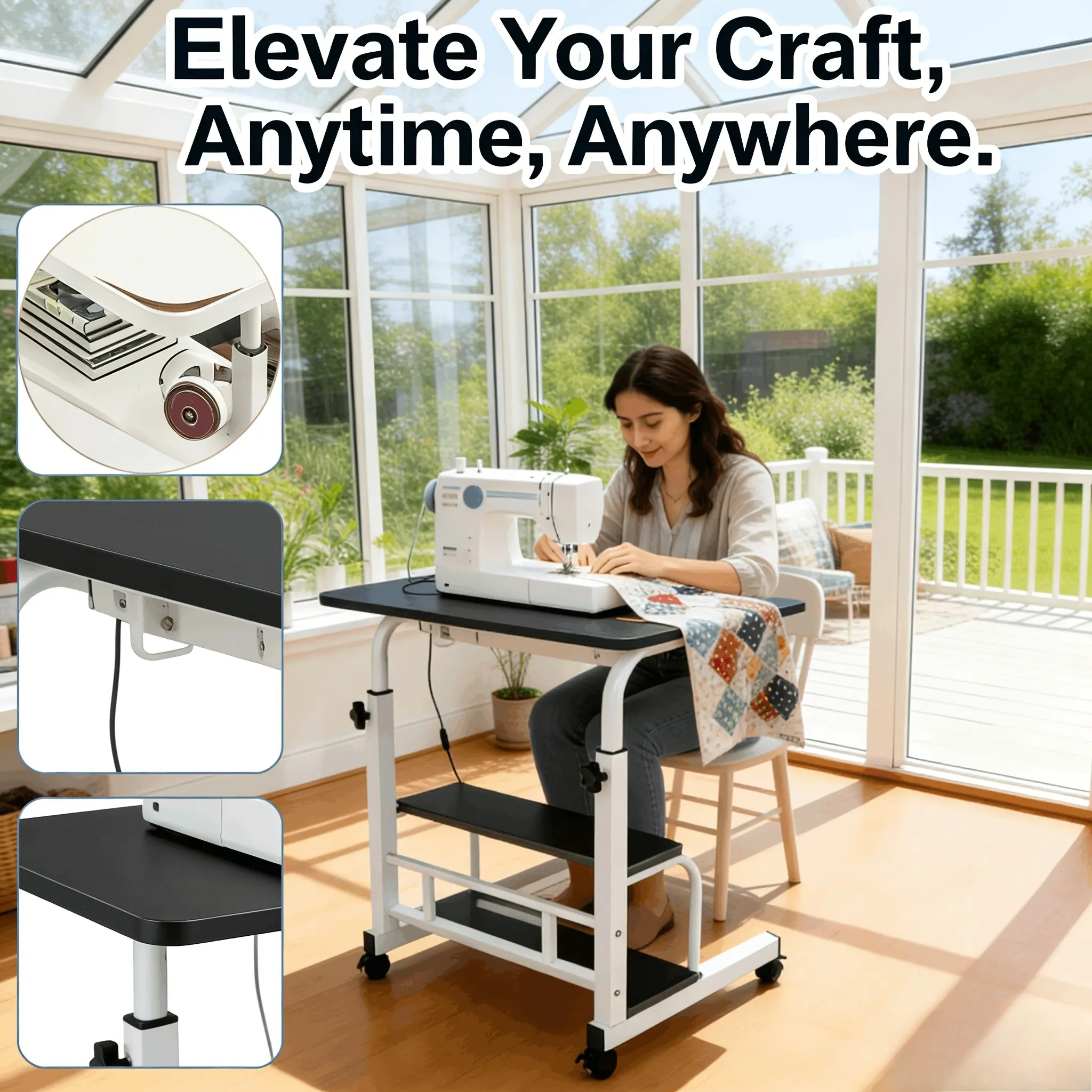 Height Adjustable Mobile Table, Height-adjustable Office Desk, Multipurpose Folding Side Craft Table with Reinforced Frame & Lockable Wheels, Black/White, Ideal Art Sewing Workstation for Craft Storage Home Small Space, Perfect Gift