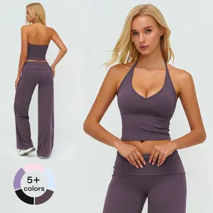 Women's 2-Piece Minimalist Sleeveless V-Neck Top & High-Waisted Flipped Cuff Wide-Leg Spandex-Nylon Blend Sweatpants Set, Women's Clothes for Vacation, Comfortable Sporty Casual Yoga Wear, Sleeveless Top