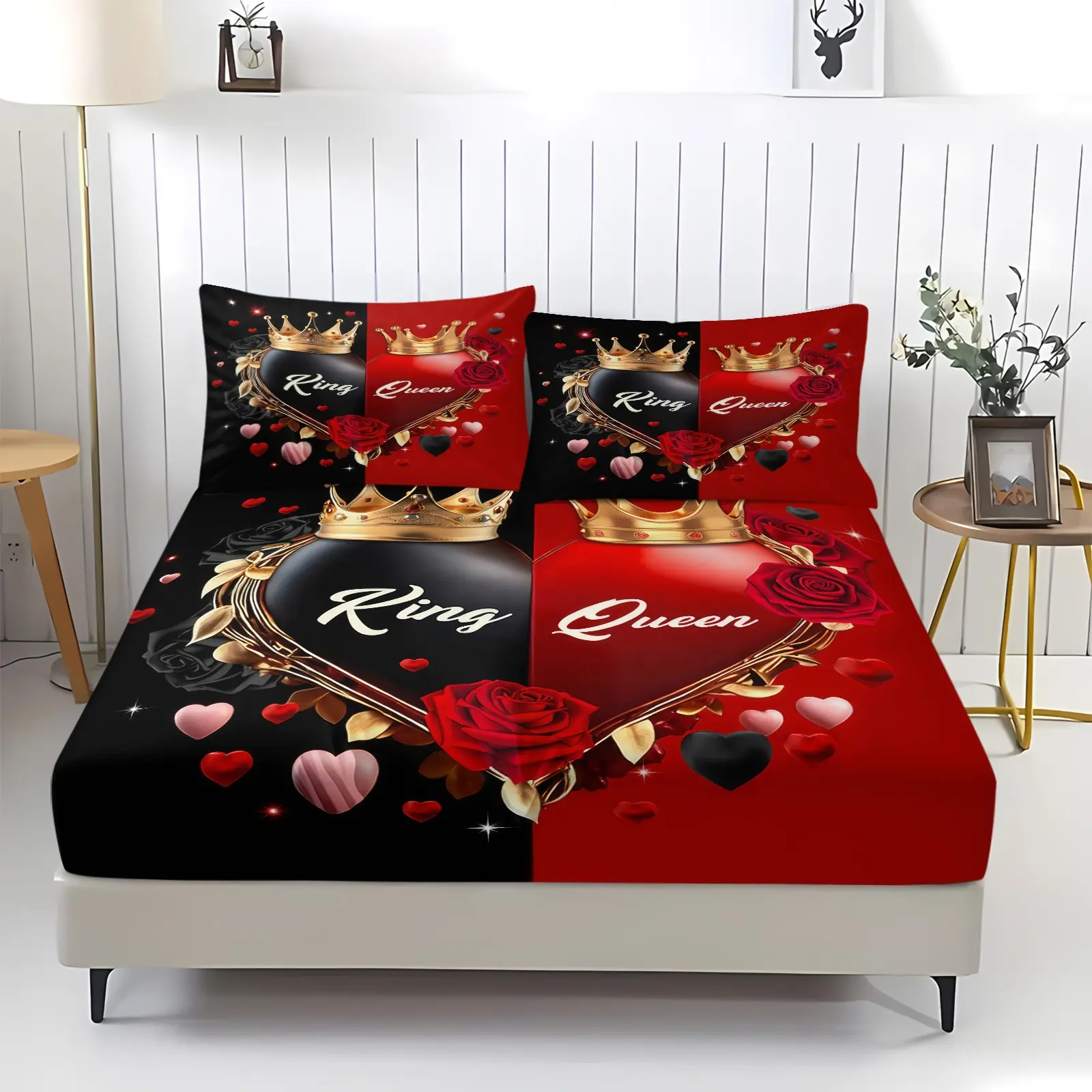 "King" "Queen" Printed Three-Piece Fitted Sheet Set, Including Two Coreless Pillowcases, With Strong Wrapping, A Couple-Themed Bedding Gift, Full of Romantic and Sweet Atmosphere in The Bedroom, Warm and Soft Bedding