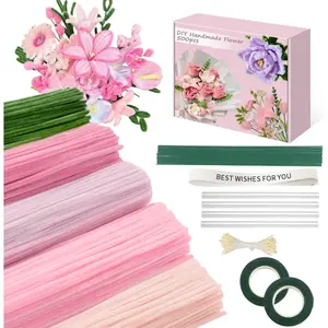 500 Pcs 5 Colors Pipe Cleaners Craft Bulk Chenille Stems Flowers Craft kit for DIY Handmade Bouquet Wrapping Party Decorations whit Ribbons Stems Tape Stamens Glue Sticks (Pink)