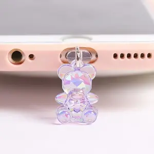 Cute Bear Phone Dust Plug Charm Aesthetic Crystal Transparent Kawaii Earphone Jack Protector for iPhone 15 14 13 Type-C Android Phone Accessory Cell Phone Charm Phone Decoration