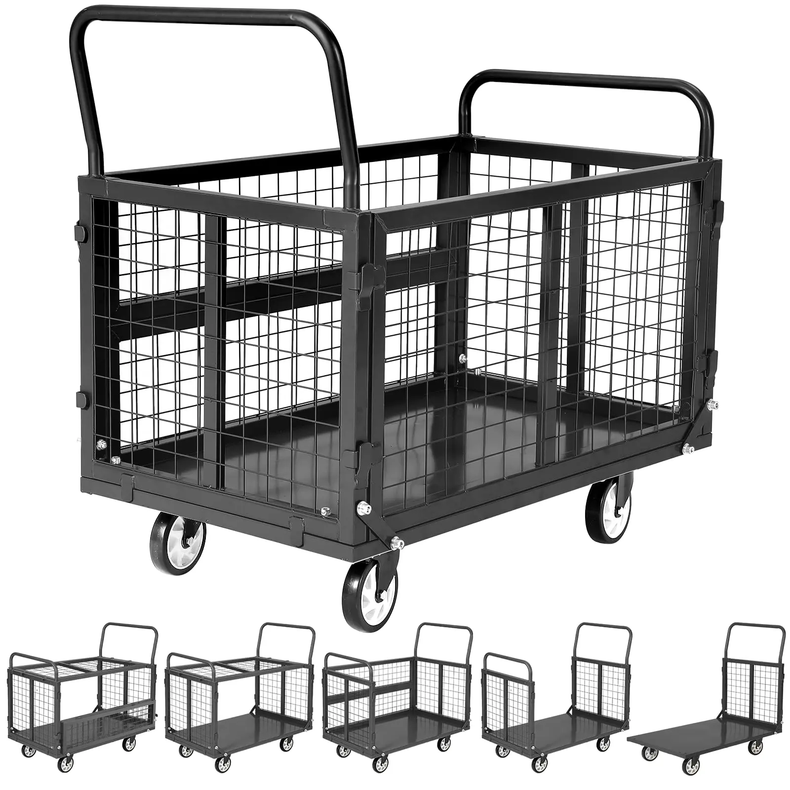 6-in-1 Folding Cage Heavy Duty Folding Platform Cart - Utility Truck with Locking Casters, Steel Cage & Basket, 2000 lbs Capacity, Multi-Purpose Industrial Hand Truck