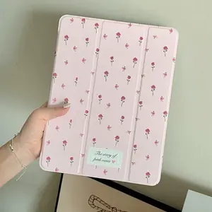 Cute Pink Floral Pattern Tri-Fold Tablet Case with Pen Holder, Shock-Resistant Flip Cover, Compatible with iPad 10th/11th Gen 10.2-inch, iPad Pro 11-inch & Galaxy Tab S9 FE+ 12.4-inch, Lightweight Minimalist Smart Cover