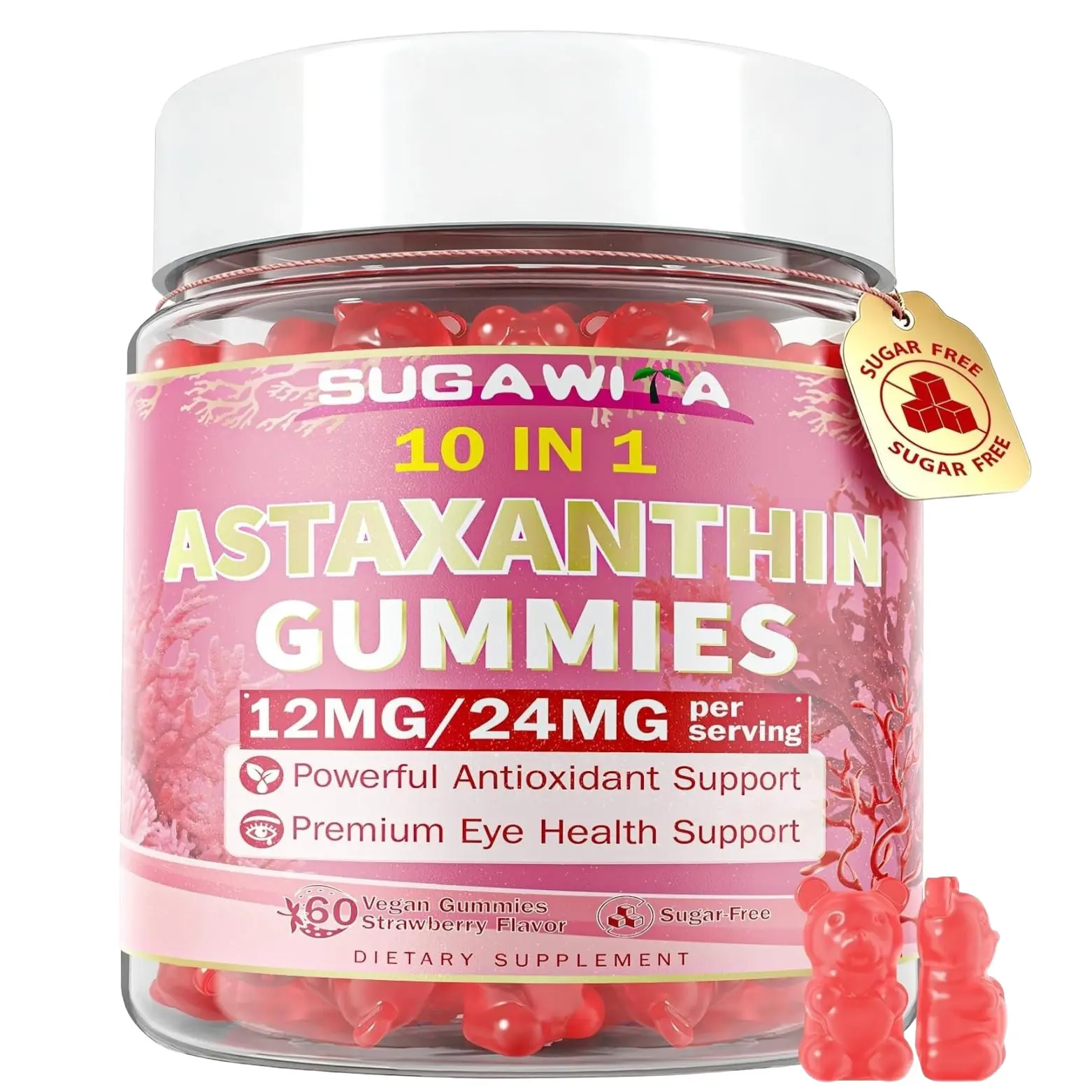 SUGAWITA Astaxanthin Supplements 12mg/24mg for Women & Men, Astaxanthin Gummies 10 in 1 Antioxidant Supplement, Astaxanthin Organic with Lutein, Resveratrol for Skin, Eye & Immune Health, Vegan 60 Gummies