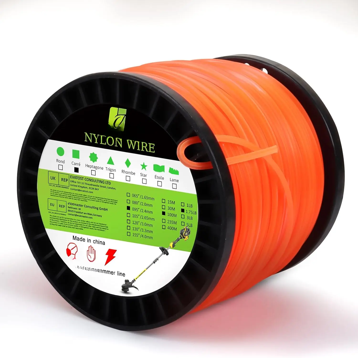 String Trimmer Line, Square Orange Heavy Duty Weed Eater String,  Nylon Universal 0.095" x 1.7LB, 330Foot
