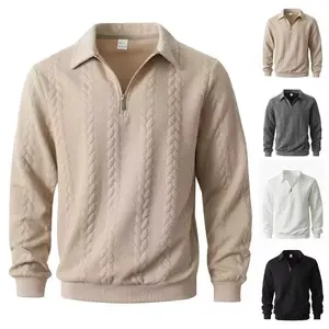 Men's spring and autumn knit long-sleeve collared sweater, suitable for everyday wear, featuring a cable knit vintage zipper high collar with half placket, casual versatile fashion simple pullover, a must-have in men's wardrobes, a gift for husbands and l