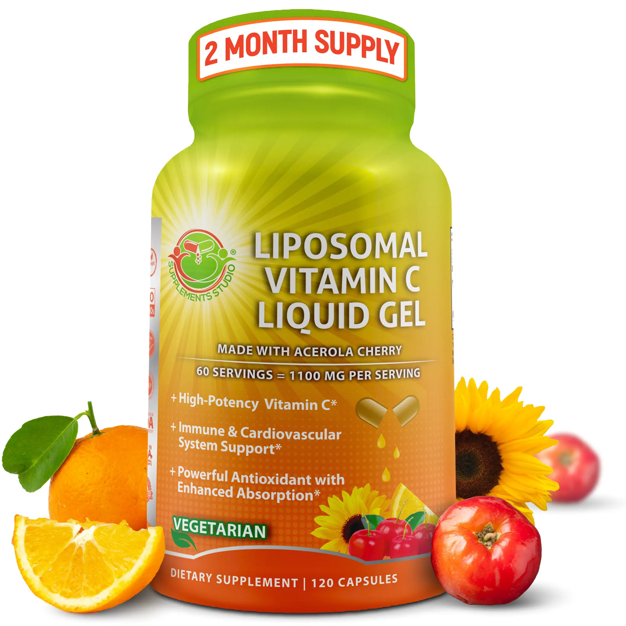 SUPPLEMENTS STUDIO Liposomal Vitamin C 1100mg - Liquid Gel Delayed Release Capsules Enriched with Organic Acerola Cherry - Supports Immune Health - Easy to Swallow - 120 Count