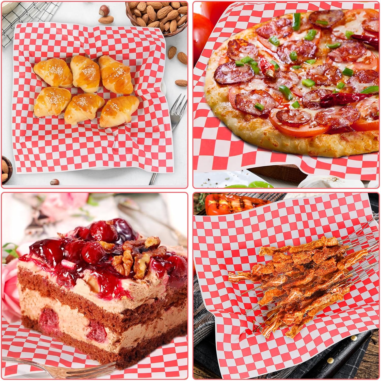 JIRNGLA 100PCS Deli Paper Sheets 12x12" Grease-Resistant Wax Food Basket Liners Checkered Sandwich Wrapping Paper for Parties Restaurants & Outdoor Use