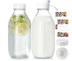 Milk Bottle with Dispenser Cap, 100% Airtight Heavy Duty Screw Lid. 2 Pack 32 Oz Reusable Glass Bottles with 3 Lids! Breast Milk Jug Pitcher, Buttermilk, Water, Juice Bottles w Cap, Syrup, Honey