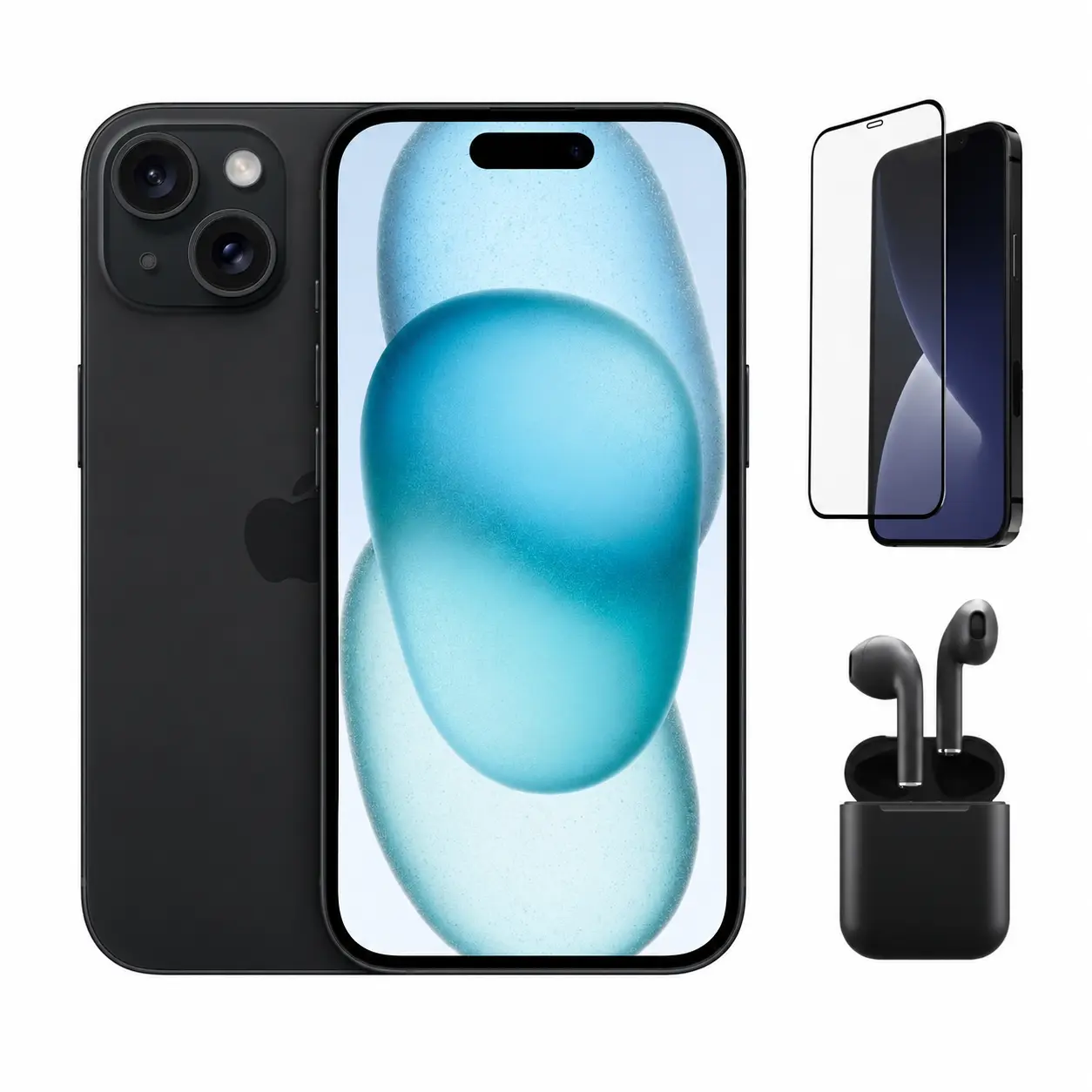 Refurbished iPhone 15 (Unlocked, 128GB, Black) - Acceptable Condition with Wireless Earbuds, Tempered Glass Screen Protector & 1 Year Warranty A2846