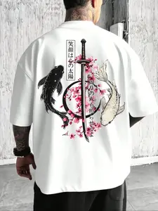 Men's Fashion Koi Fish & Samurai Sword Sakura Print Loose Short Sleeve T-Shirt, Elegant Design, Summer Essential, Easy to Match, White