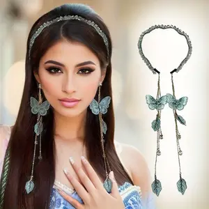 Elegant Butterfly Tassel Headband with Imitation Crystal - Chic Embroidered Leaf Pendant Hair Accessory for Women, Perfect for Parties & Birthdays
