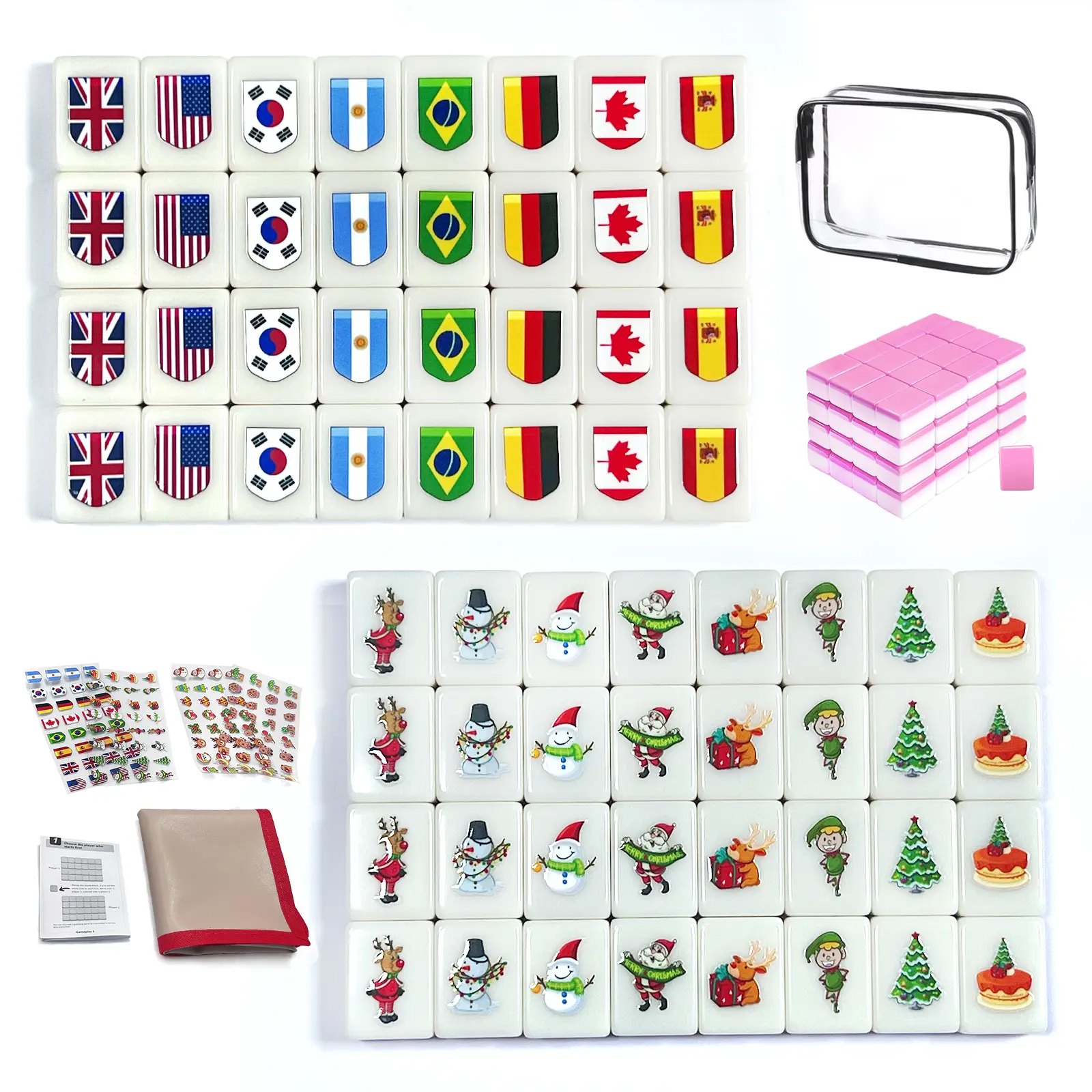 Board Game Blocks - 65 Pcs 30mm Christmas Pattern Memory Matching Set, DIY Stickers Included, Children Development Family Travel Board Game with Storage Bag, Perfect Gift, Sticker Kit