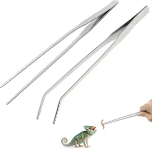 2 count Stainless Steel Reptile Feeding Tongs, 10.6 inch Straight and Curved Tweezers for Aquarium, Terrarium & Crafts Bearded Dragon Snake Tank Accessories, Planted Tank Tools Feeder for Lizards