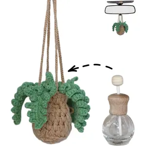 Renewable Scent Car Diffuser - Handmade Crochet Fern Leaf Decor with Refillable Essential Oil Bottle Rear View Mirror ornament