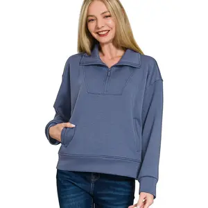 Zenana Scuba Half Zip Pullover with Side Pockets