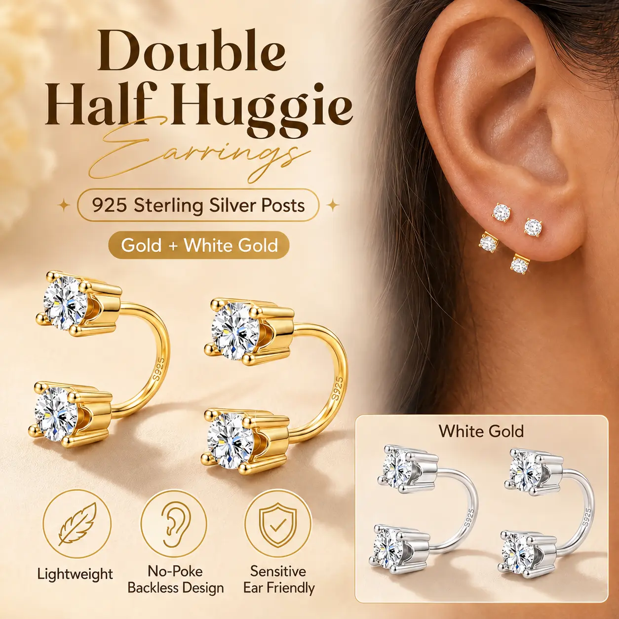 FUNRUN 2 Pairs 18G Backless Half Huggie Earrings Set, S925 Sterling Silver Posts, CZ Sleeper Earrings for Lobe Helix Tragus Conch, Gold or White Gold