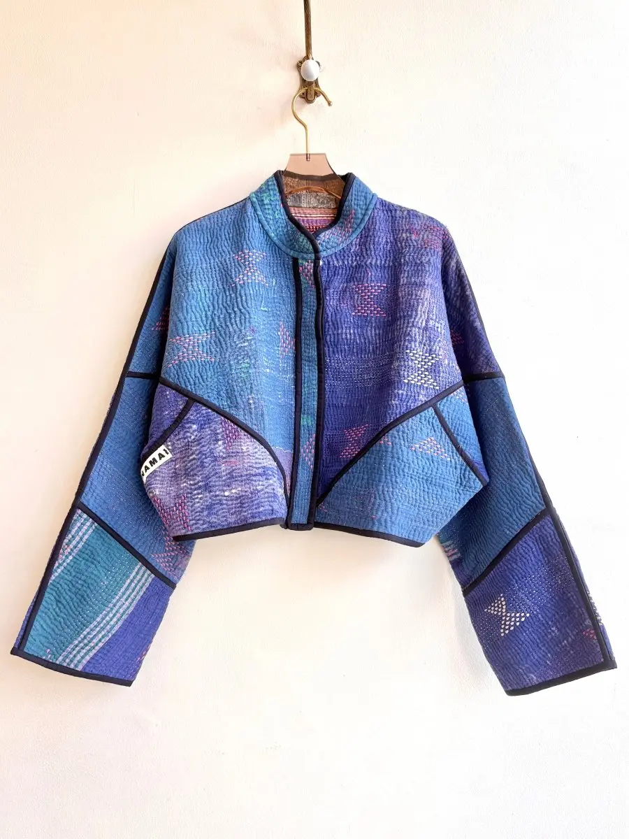 Reversible Kaira Quilted Cropped Jacket in Colors Blue, Neon Pink & Multi-Colored Stripe Mustard, Purple, Orange