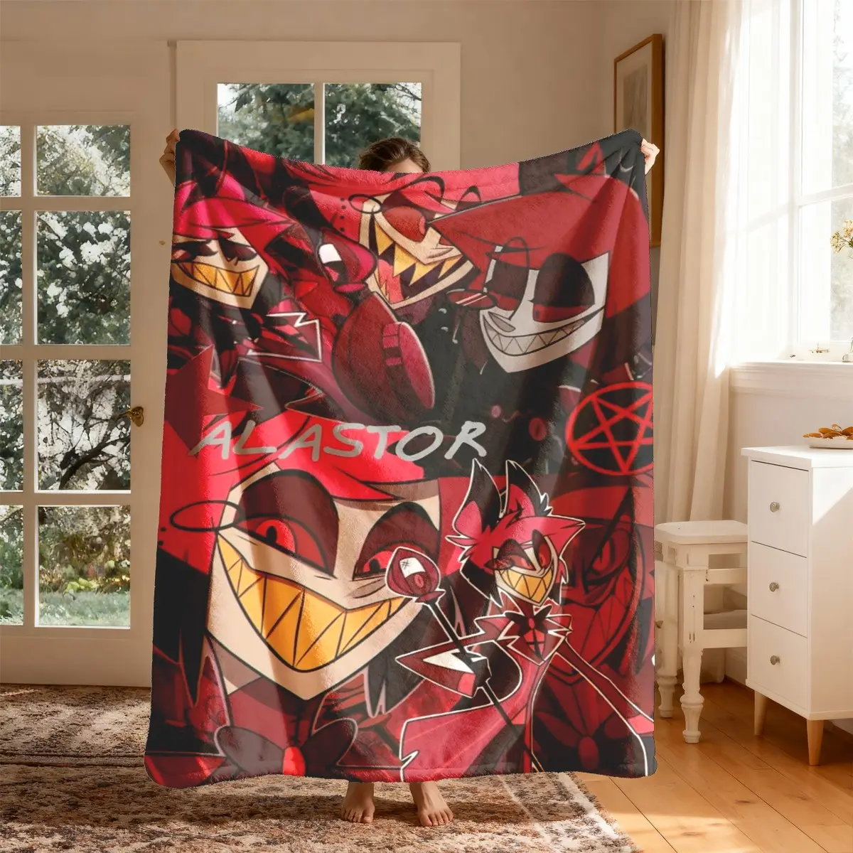 Alastor Dark Anime Theme Flannel Blanket, Large Size, Soft Lightweight Warm, Perfect for Bed Sofa Office Camping Travel, Spring Gift
