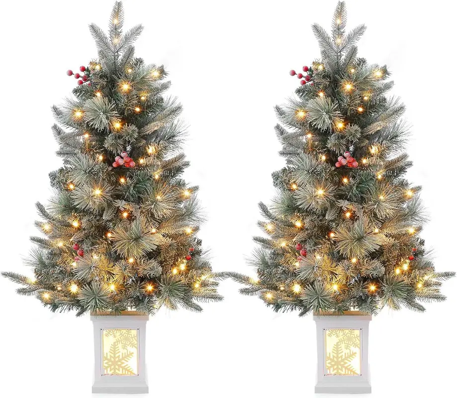 2PCS 3ft Frosted Artificial Christmas Trees with Snowflake Tree Stand, 70 LED Festive Lights, Automatic Timer, Battery Box, Easy Setup, Lighted Ornaments Insert, Berry Accents, Indoor Furniture Holiday Brightening Decor, Festive Tree Lights, Led Lights Be